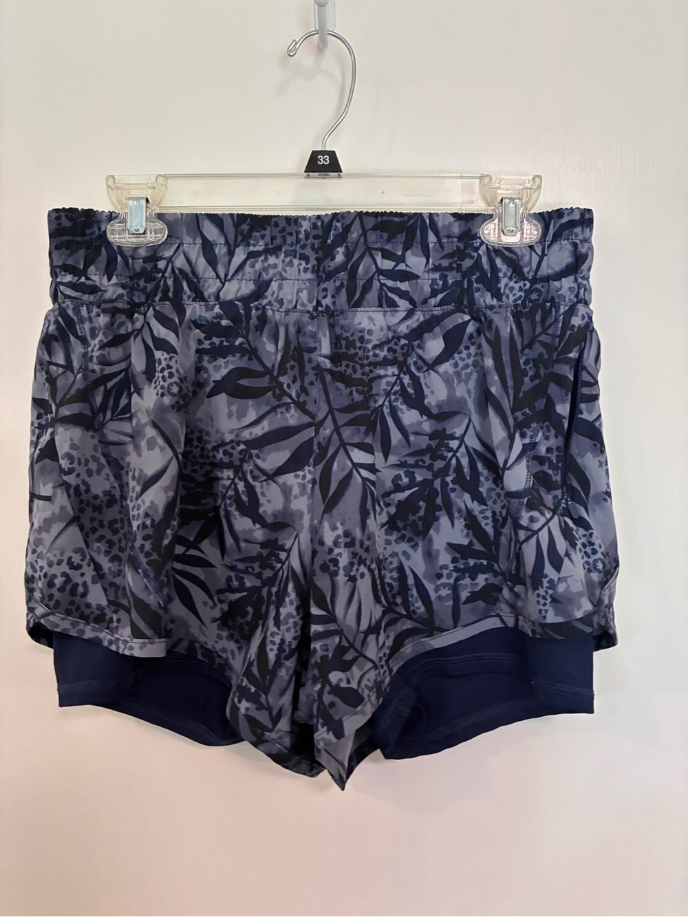 Avia Navy and Light Blue Leaf-Print Athletic Shorts with Built-In Liner
